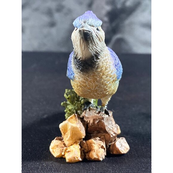 BIRD Figurine Blue Jay on Log Resin Home Decor Resin 3  inch - Picture 2 of 6